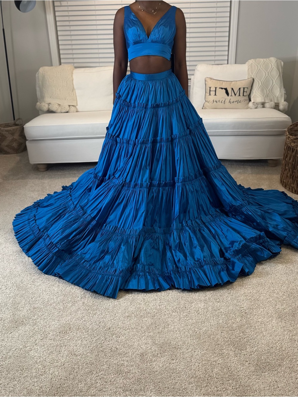 Sherri Hill Peacock Blue Satin Tiered Skirt and Halter